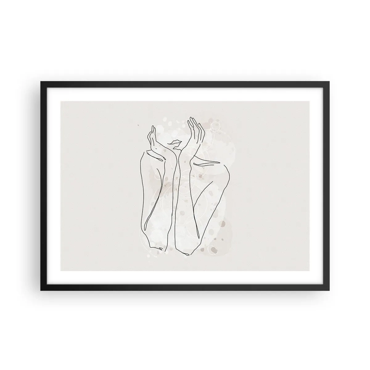 Affiche dans un cadre noir - Poster - Ligne de contour montrant les mains d'une femme sur un fond clair - 70x50cm - Instant de rêve - Décoration murale moderne pour le salon et la chambre ARTTOR