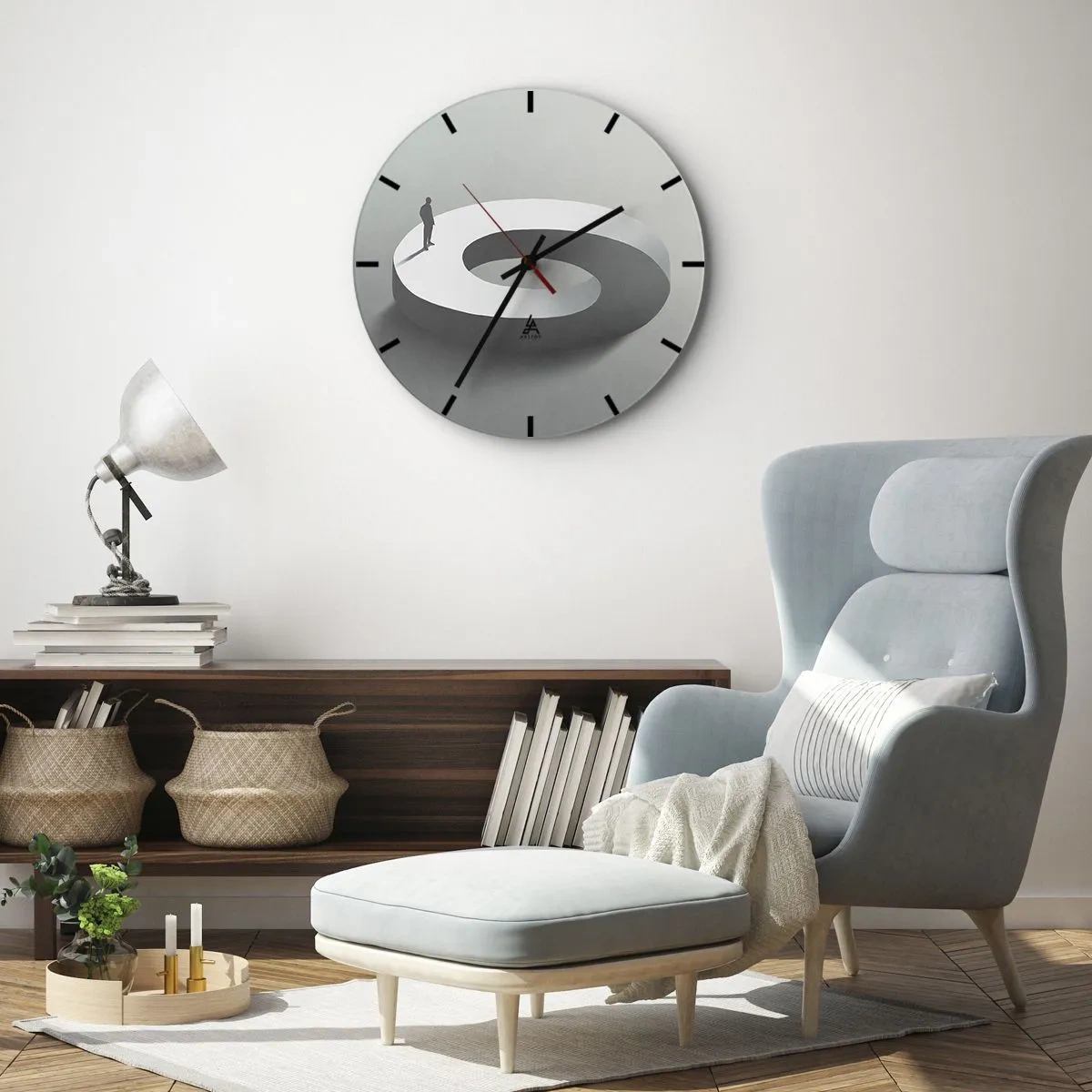 Horloge murale - Pendule murale - Une silhouette noire d'un homme debout sur une piste en spirale blanche. - 30x30cm - Et sois intelligent ici - Décoration murale moderne pour le salon, la cuisine et la chambre ARTTOR