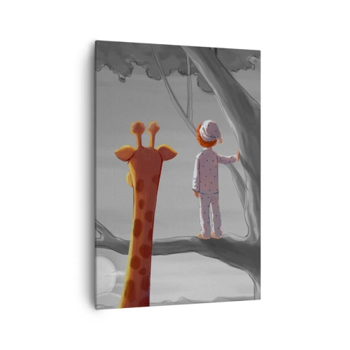 Impression sur toile - Image sur toile - Un enfant et une girafe sur une branche d'arbre dans un paysage de conte de fées - 70x100cm - Cela arrive vraiment - Décoration murale moderne pour le salon et la chambre ARTTOR