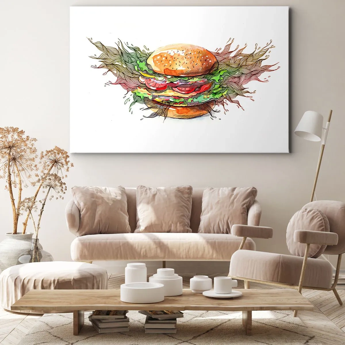 Impression sur toile - Image sur toile - Illustration artistique d'un burger avec des éléments dynamiques - 100x70cm - Tentation chaude - Décoration murale moderne pour le salon et la chambre ARTTOR