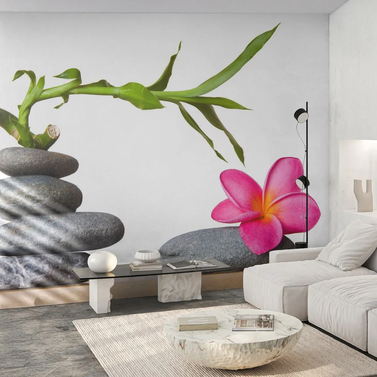 Papier Peint Photo Premium Sand - Bambou, pierres et fleur rose dans une composition harmonieuse - 100x70cm - Couleurs de la vie et de la durée - Décoration murale moderne pour le salon et la chambre ARTTOR