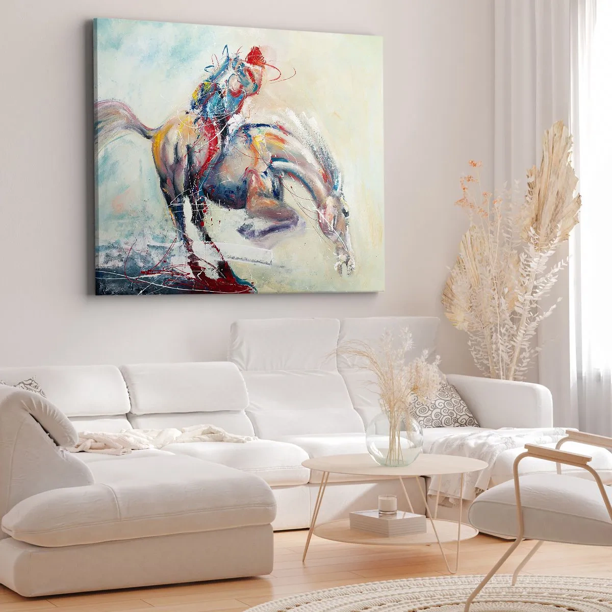Impression sur toile - Image sur toile - Une image dynamique d'un cheval dans un style artistique abstrait. - 120x80cm - Accrochez-vous, nous décollons - Décoration murale moderne pour le salon et la chambre ARTTOR