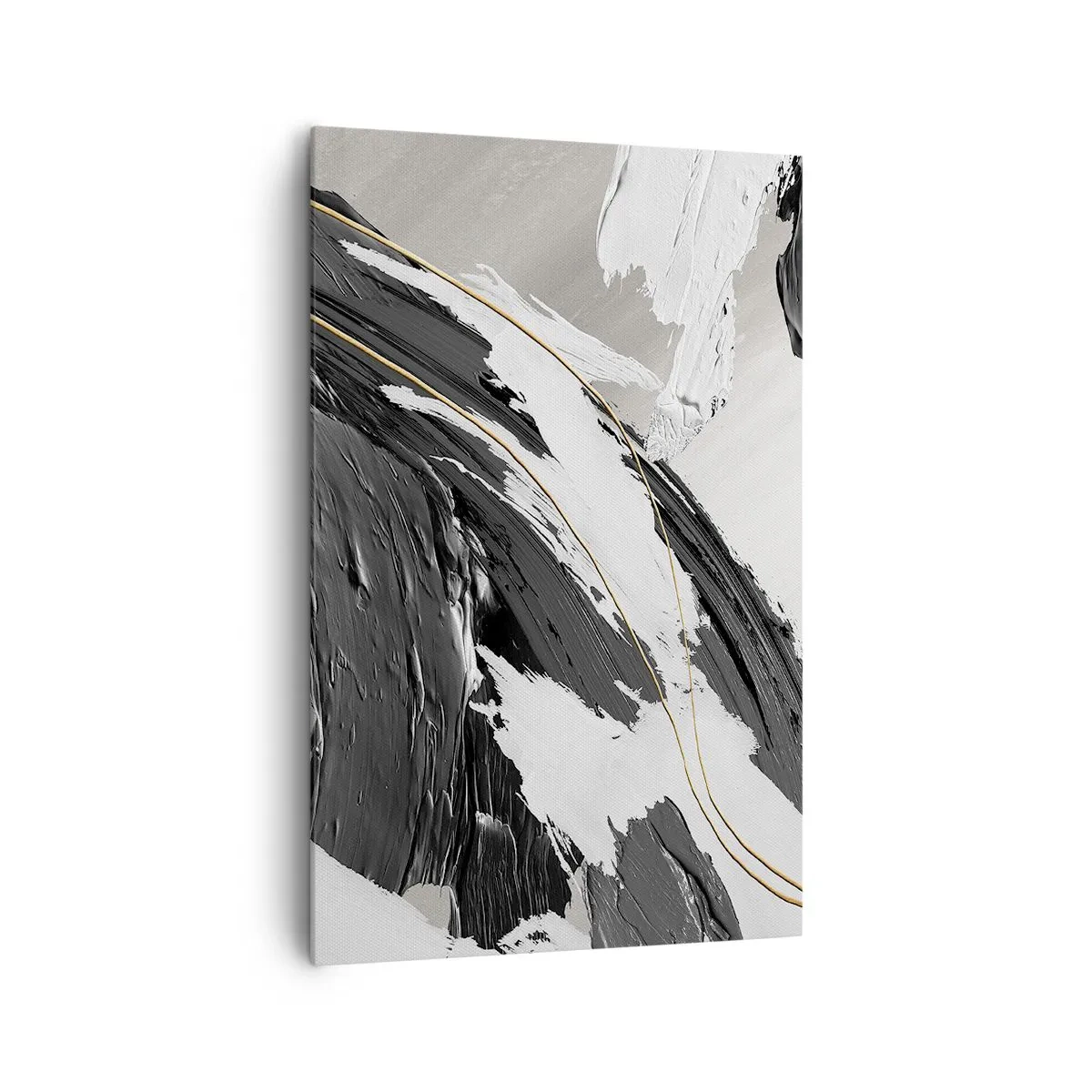 Impression sur toile - Image sur toile - Coups de pinceau noirs et blancs avec une subtile touche dorée - 80x120cm - L'abstraction à grande échelle - Décoration murale moderne pour le salon et la chambre ARTTOR