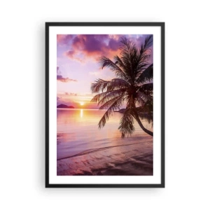 Affiche dans un cadre noir - Poster - Coucher de soleil tropical avec palmier sur la plage - 50x70cm - Le bonheur à l'horizon - Décoration murale moderne pour le salon et la chambre ARTTOR