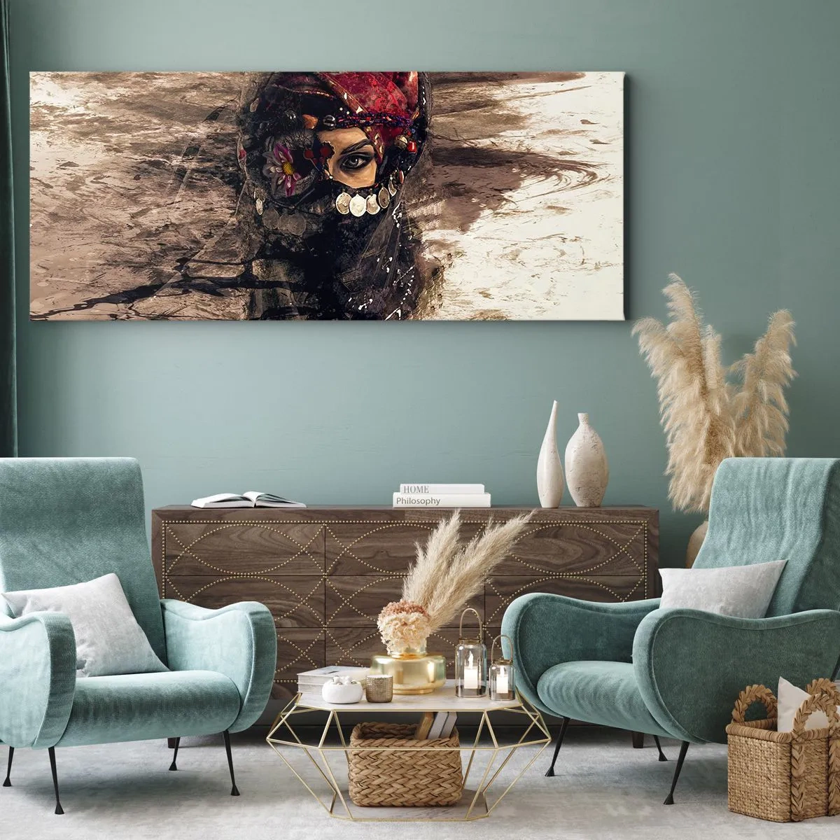 Impression sur toile - Image sur toile - Portrait artistique d'une femme en tenue orientale sur fond abstrait. - 120x50cm - Inquiétant, c'est le moins qu'on puisse dire - Décoration murale moderne pour le salon et la chambre ARTTOR