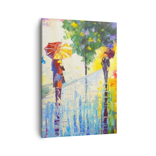 Impression sur toile - Image sur toile - Une promenade avec un parapluie dans un paysage pluvieux coloré - 50x70cm - Et tout est clair - Décoration murale moderne pour le salon et la chambre ARTTOR