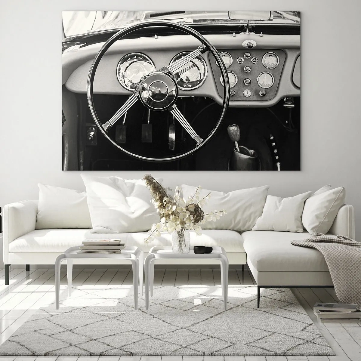 Impression sur verre - Image sur verre - Le volant et les horloges d'une voiture classique en sépia - 120x80cm - Rêve de collectionneur - Décoration murale moderne pour le salon et la chambre ARTTOR