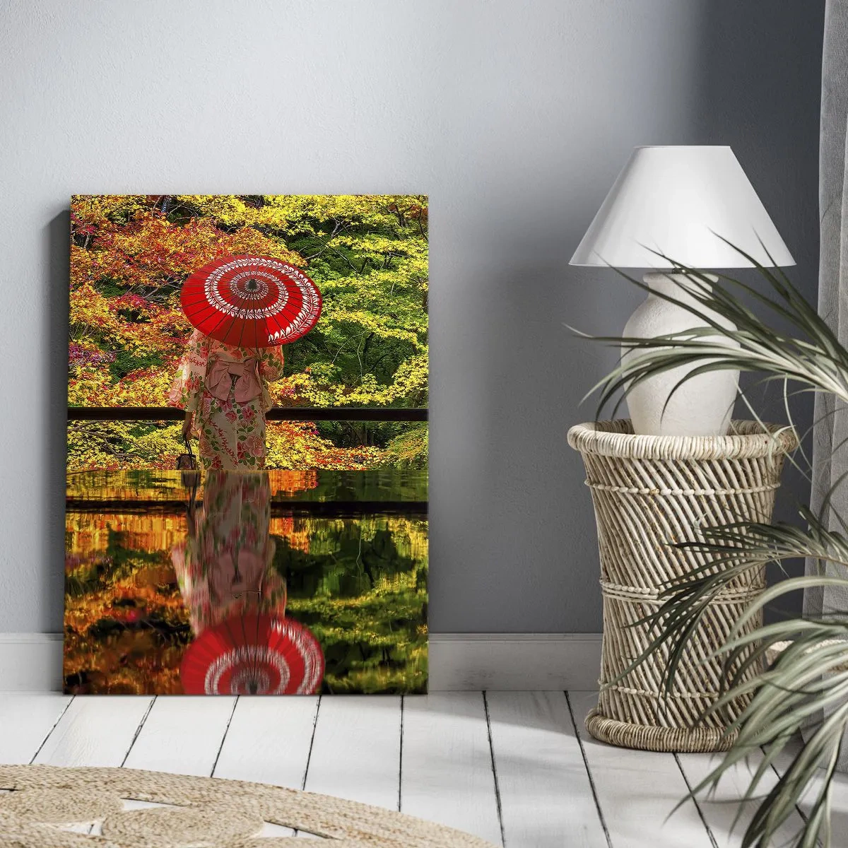 Impression sur toile - Image sur toile - Une femme en kimono avec un parapluie sur fond de paysage d'automne. - 50x70cm - Dans le temple de la nature - Décoration murale moderne pour le salon et la chambre ARTTOR