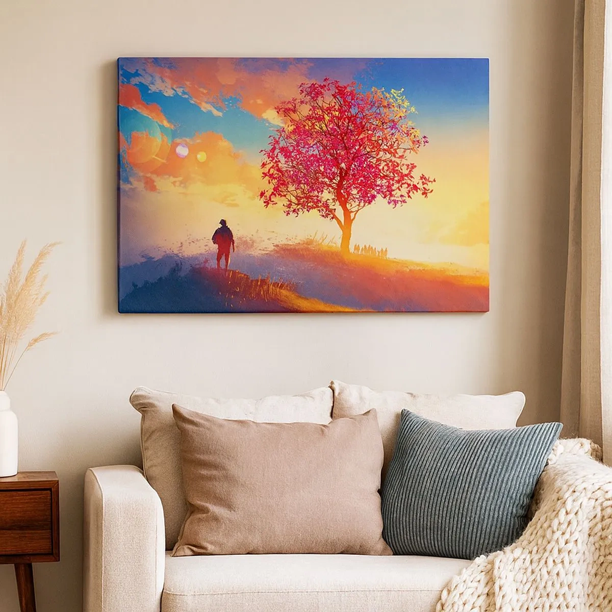 Impression sur toile - Image sur toile - Une silhouette sur une colline à côté d'un arbre coloré à la lumière du soleil couchant - 70x50cm - Pèlerin à destination - Décoration murale moderne pour le salon et la chambre ARTTOR