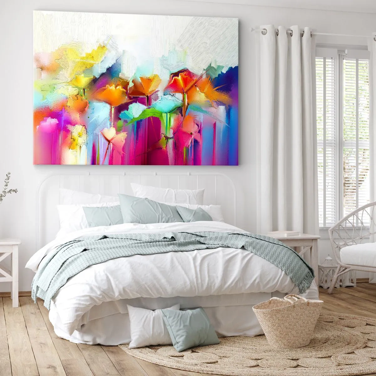 Impression sur toile - Image sur toile - Fleurs colorées abstraites sur fond clair - 100x70cm - L'arc-en-ciel s'est épanoui - Décoration murale moderne pour le salon et la chambre ARTTOR