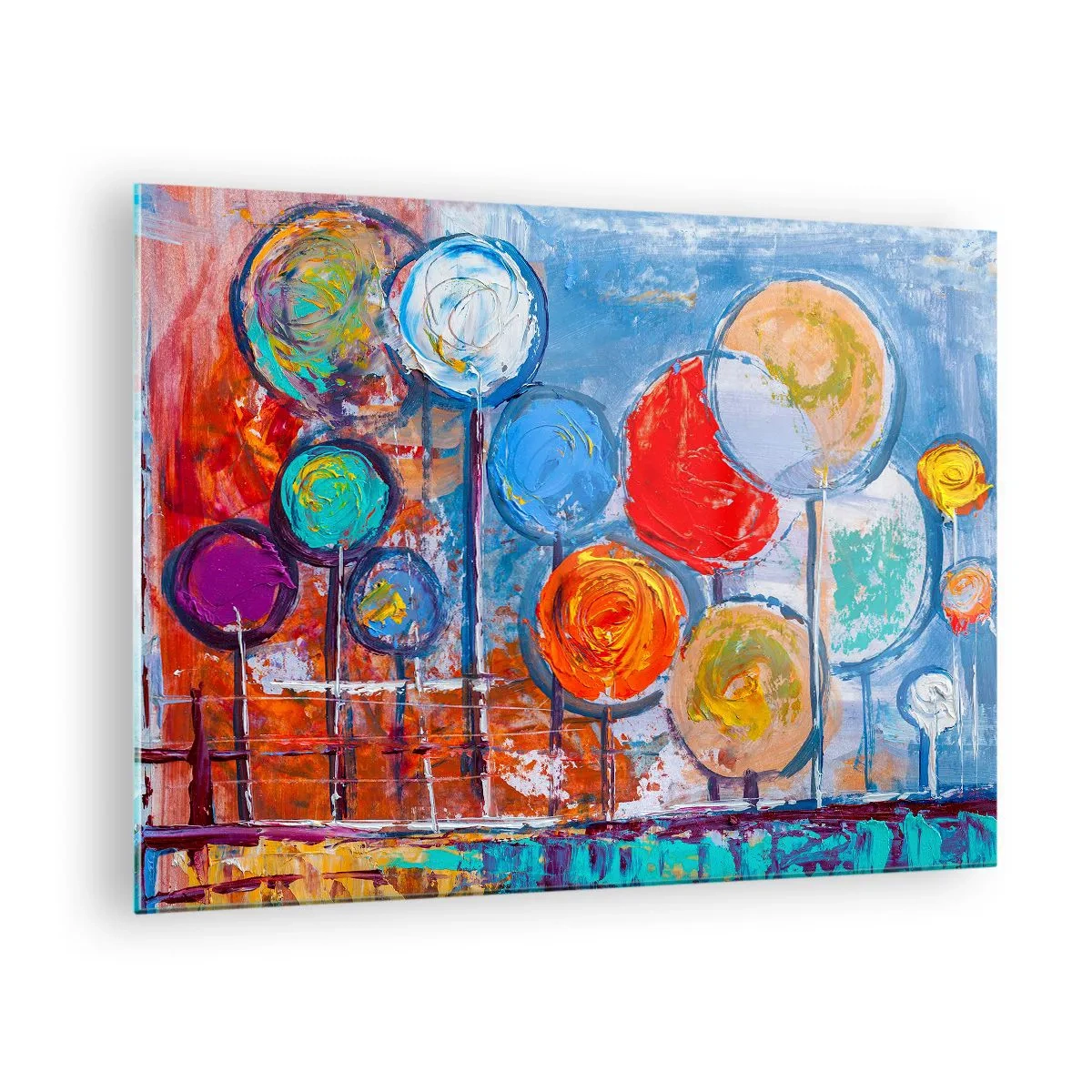 Impression sur verre - Image sur verre - Arbres colorés et abstraits peints contre le ciel - 70x50cm - Miracles sur le bâton - Décoration murale moderne pour le salon et la chambre ARTTOR