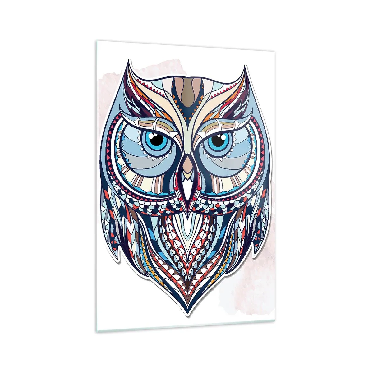 Impression sur verre - Image sur verre - Chouette géométrique dans les tons bleu et beige - 70x100cm - Chouette ornementale élaborée - Décoration murale moderne pour le salon et la chambre ARTTOR