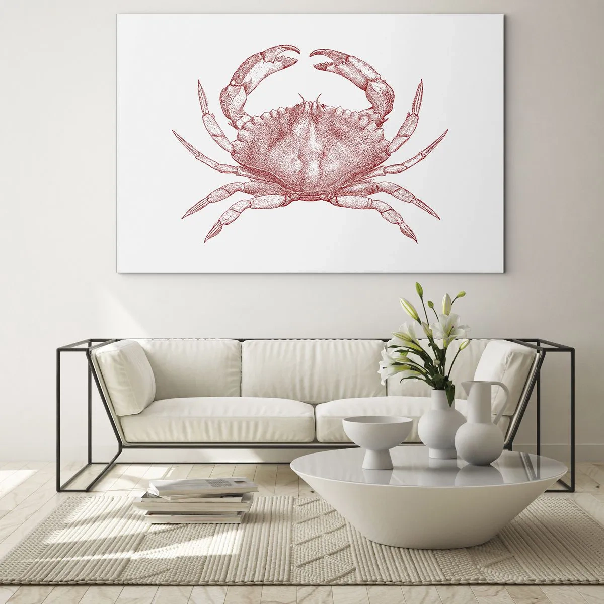 Impression sur verre - Image sur verre - Croquis d'un crabe rouge sur fond clair dans un style rétro - 70x50cm - Le crabe des crabes - Décoration murale moderne pour le salon et la chambre ARTTOR