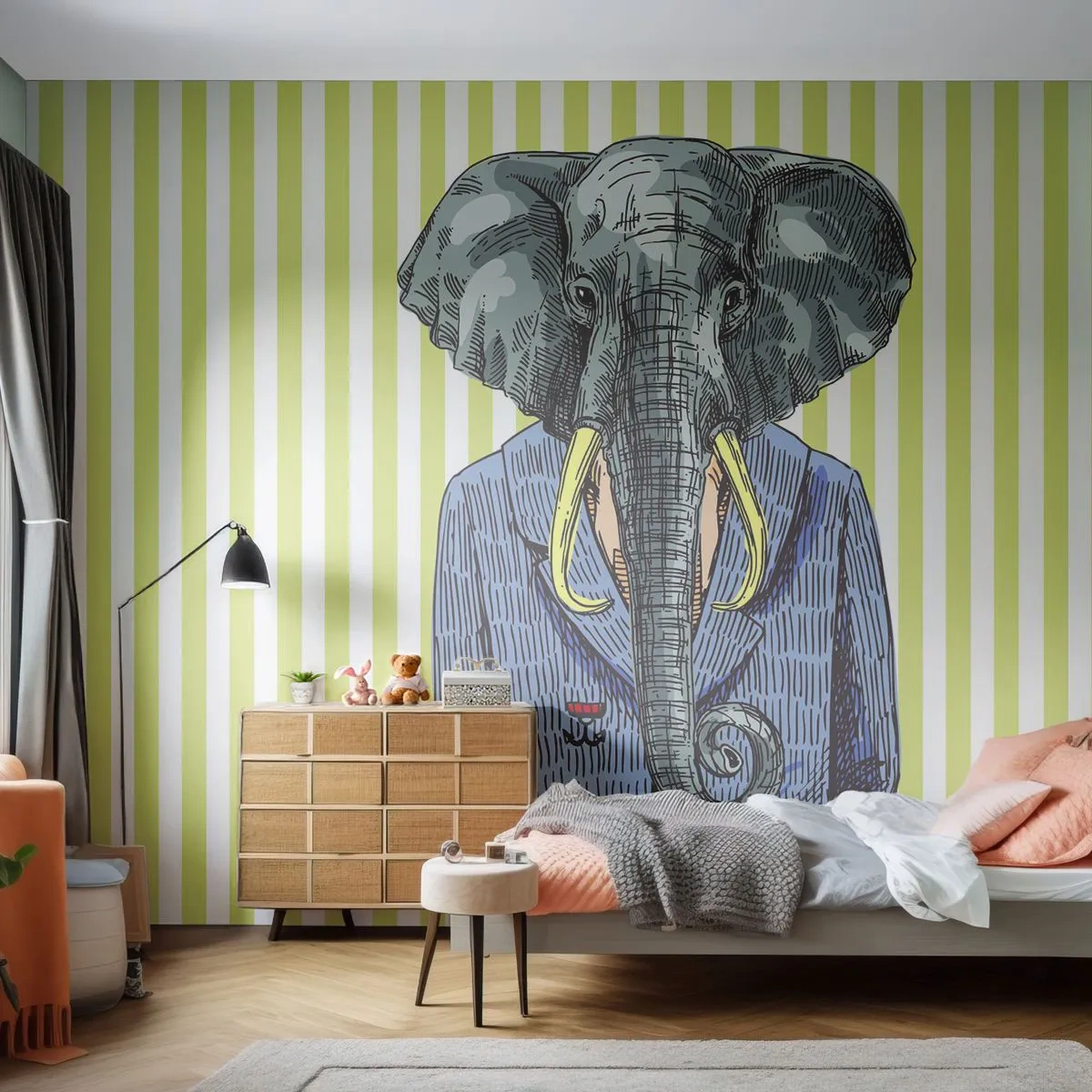 Papier Peint Photo Premium Sand - Un éléphant dans un costume élégant sur un fond rayé pastel. - 100x70cm - Élégant par nature - Décoration murale moderne pour le salon et la chambre ARTTOR