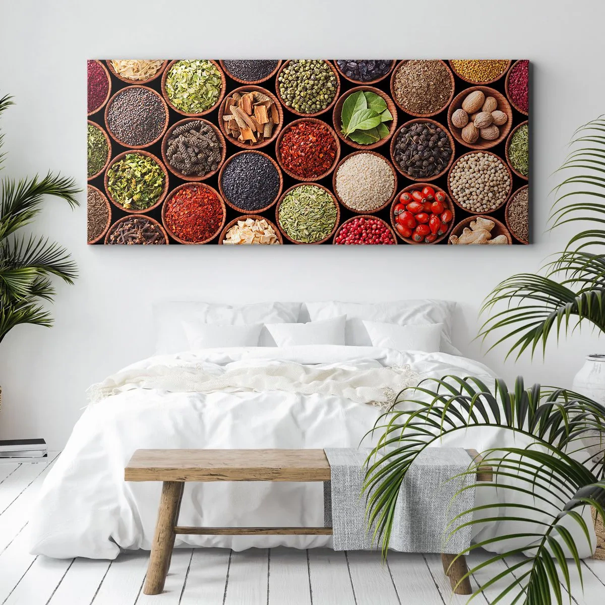 Impression sur toile - Image sur toile - Épices colorées dans des récipients ronds - 160x50cm - Toutes les saveurs du monde - Décoration murale moderne pour le salon et la chambre ARTTOR