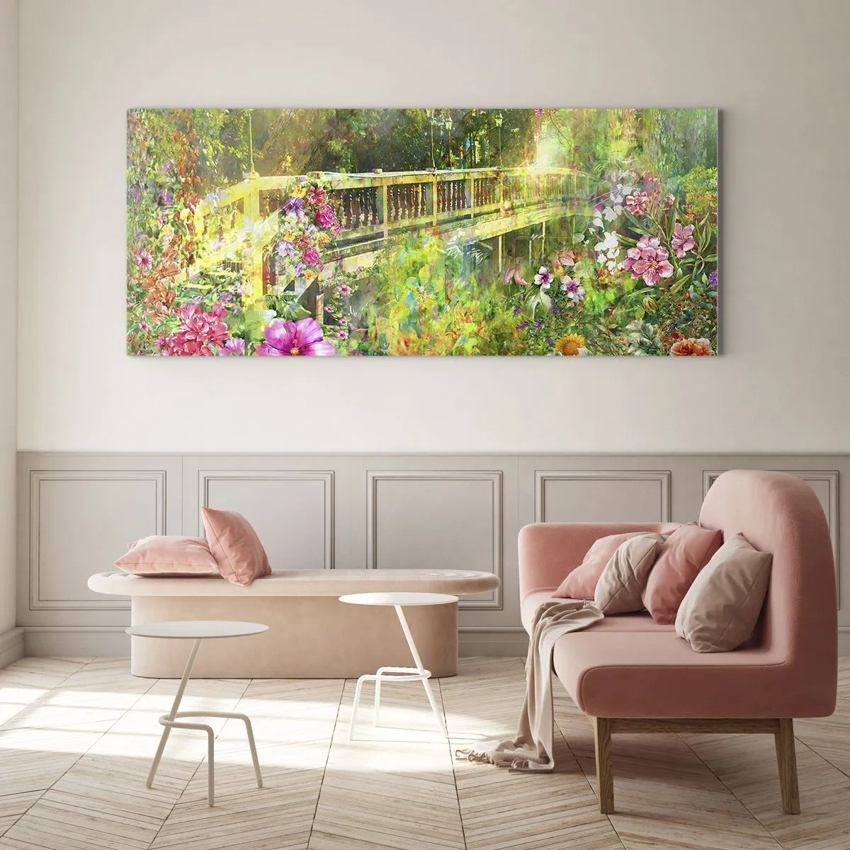 Impression sur verre - Image sur verre - Un pont entouré d'une végétation luxuriante et de fleurs - 160x50cm - Le soupire d'un pont de printemps - Décoration murale moderne pour le salon et la chambre ARTTOR