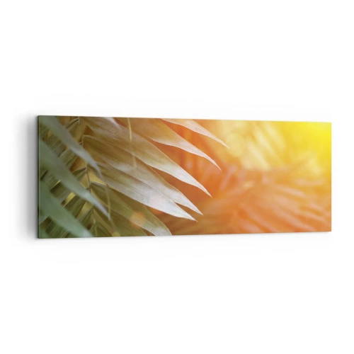 Impression sur toile - Image sur toile - Feuilles de palmier dans les rayons du soleil couchant - 140x50cm - Matinée dans la jungle - Décoration murale moderne pour le salon et la chambre ARTTOR