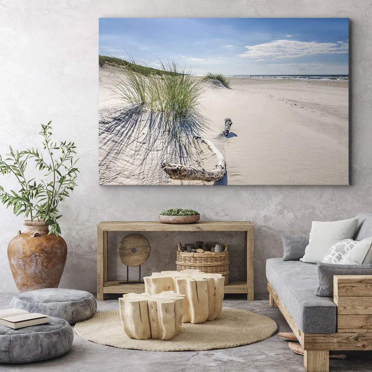 Impression sur toile - Image sur toile - Une plage baltique avec du sable, de l'herbe et un ciel bleu calme - 120x80cm - La plus belle? La Baltique - Décoration murale moderne pour le salon et la chambre ARTTOR