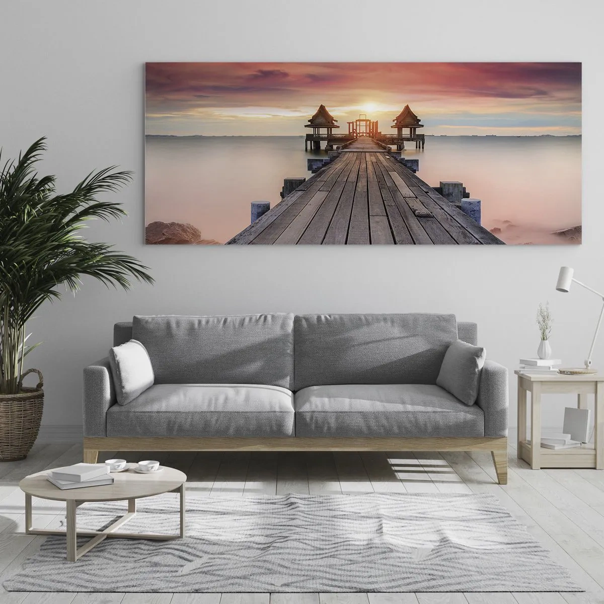 Impression sur verre - Image sur verre - Jetée en bois menant aux belvédères au coucher du soleil - 120x50cm - L'Ouest à l'Est - Décoration murale moderne pour le salon et la chambre ARTTOR