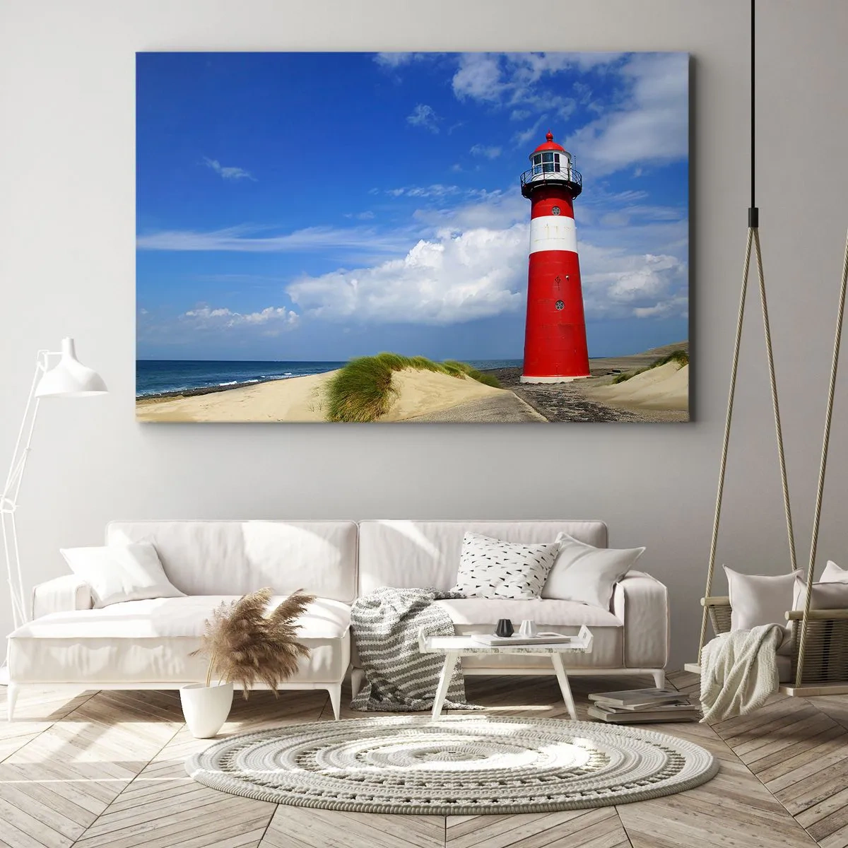 Impression sur toile - Image sur toile - Phare rouge sur la plage sous un ciel bleu - 120x80cm - Rêve de solitude - Décoration murale moderne pour le salon et la chambre ARTTOR