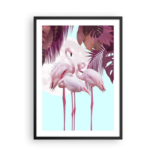 Affiche dans un cadre noir - Poster - Flamants roses sur fond de feuillage tropical et de pleine lune - 50x70cm - Trois oiseaux gracieux - Décoration murale moderne pour le salon et la chambre ARTTOR
