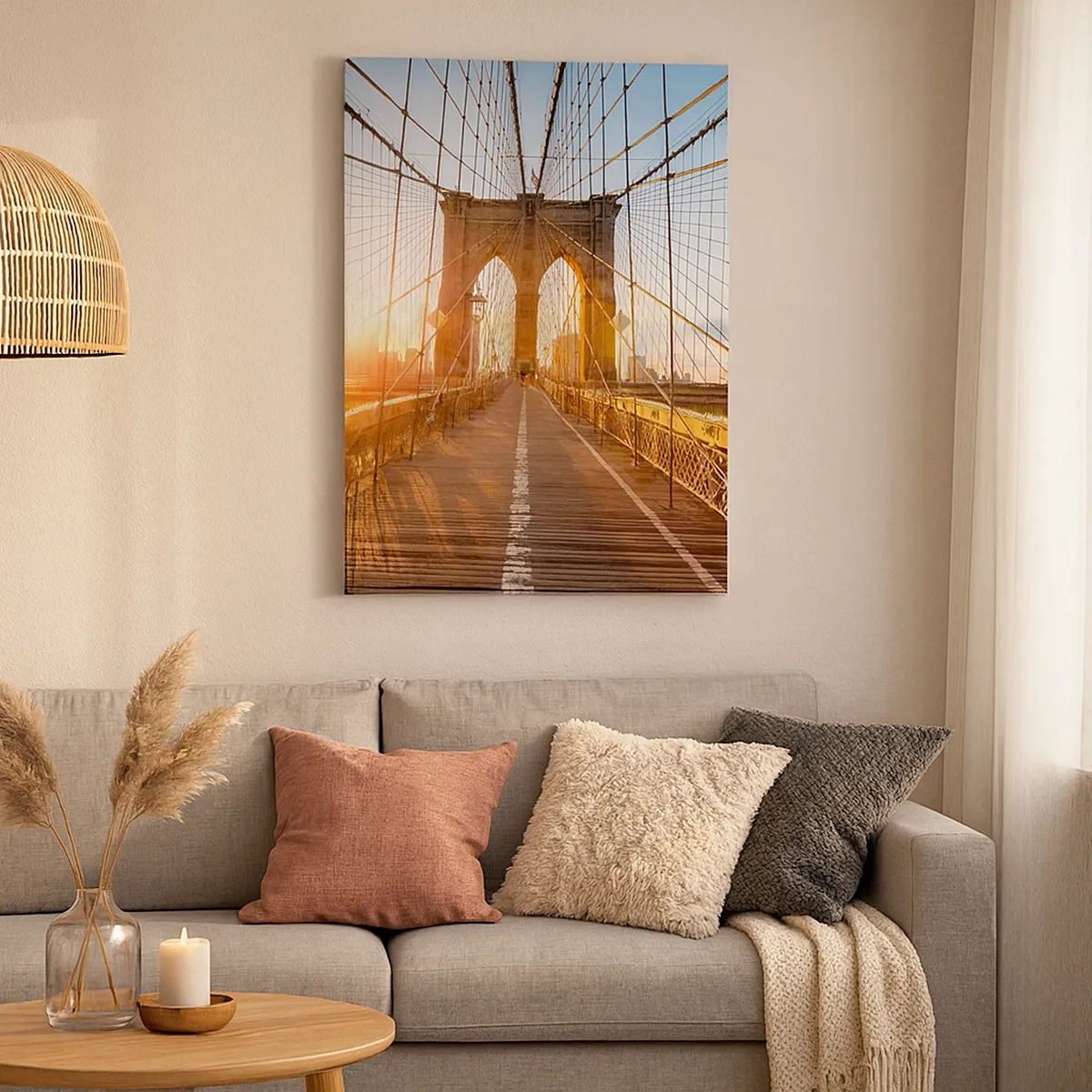 Impression sur toile - Image sur toile - Le pont à la lumière du soleil couchant avec vue sur la ville - 50x70cm - Sur le pont d'or - Décoration murale moderne pour le salon et la chambre ARTTOR