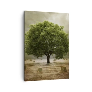 Impression sur toile - Image sur toile - Un arbre vert entouré de troncs d'arbres abattus contre un ciel nuageux - 50x70cm - Tout l'espoir - Décoration murale moderne pour le salon et la chambre ARTTOR