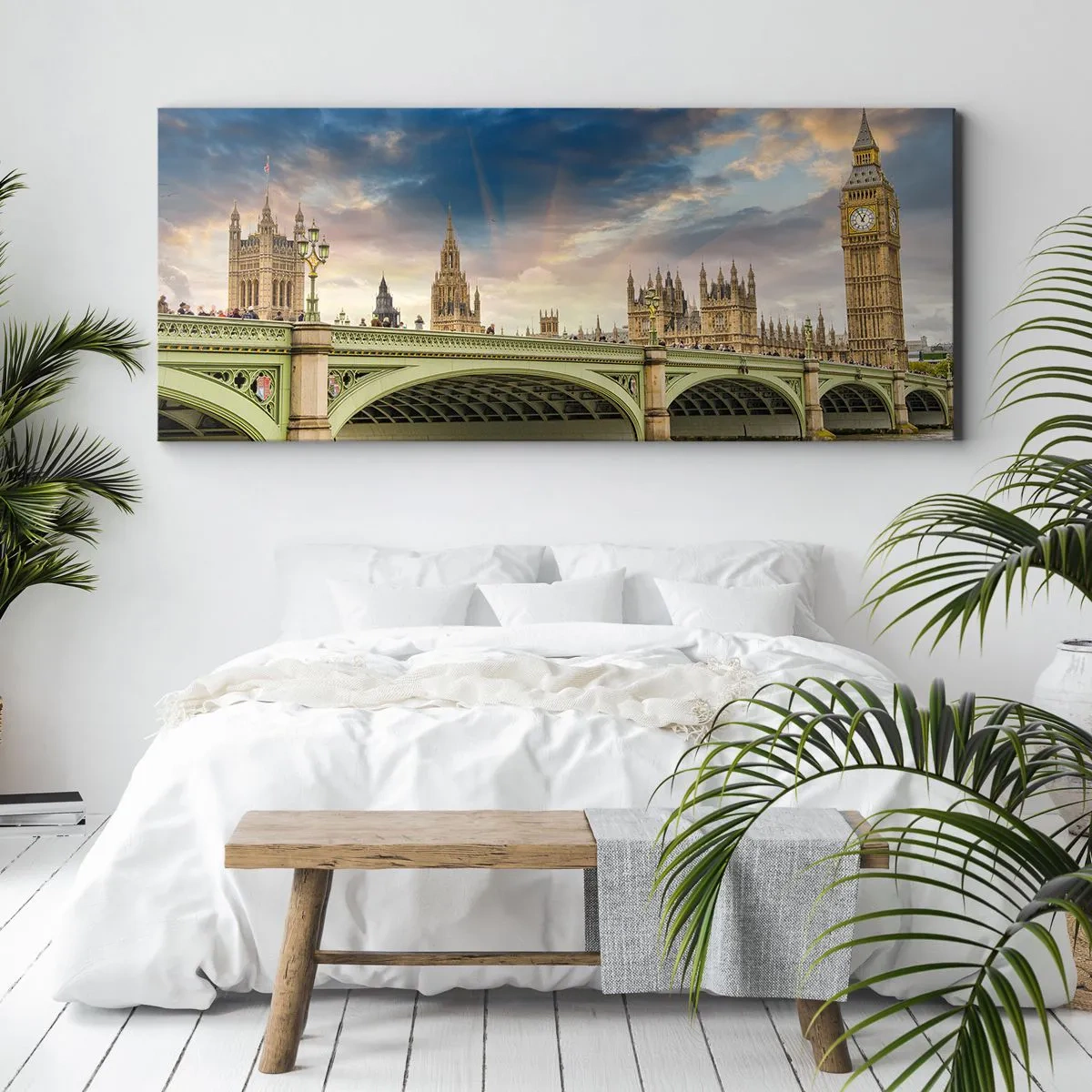 Impression sur toile - Image sur toile - Big Ben et le pont de Westminster contre le ciel au crépuscule - 160x50cm - Le temps s'est arrêté dans l'Empire - Décoration murale moderne pour le salon et la chambre ARTTOR