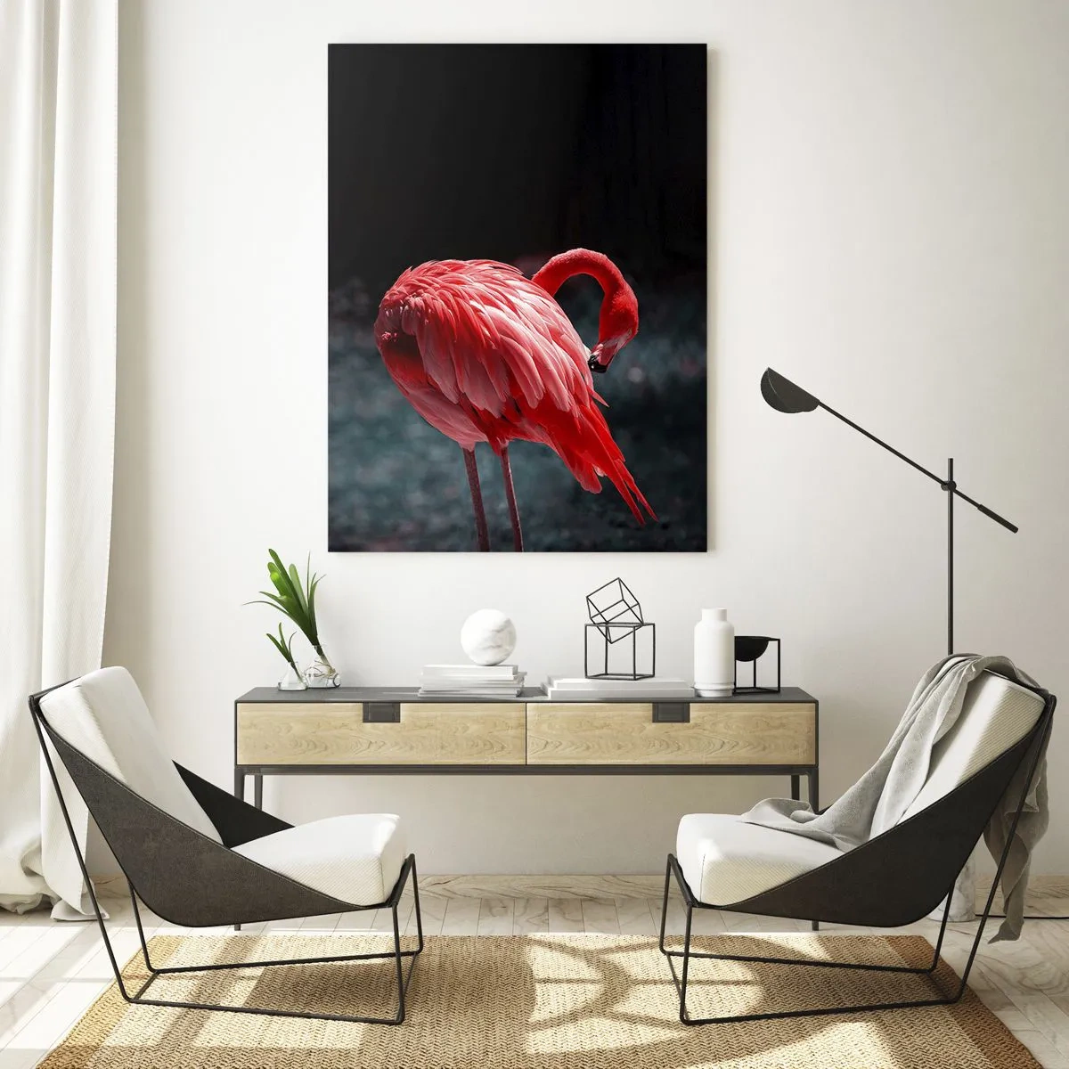 Impression sur verre - Image sur verre - Un flamant rose aux nuances intenses de rouge sur fond sombre - 50x70cm - Poème cramoisi de la nature - Décoration murale moderne pour le salon et la chambre ARTTOR