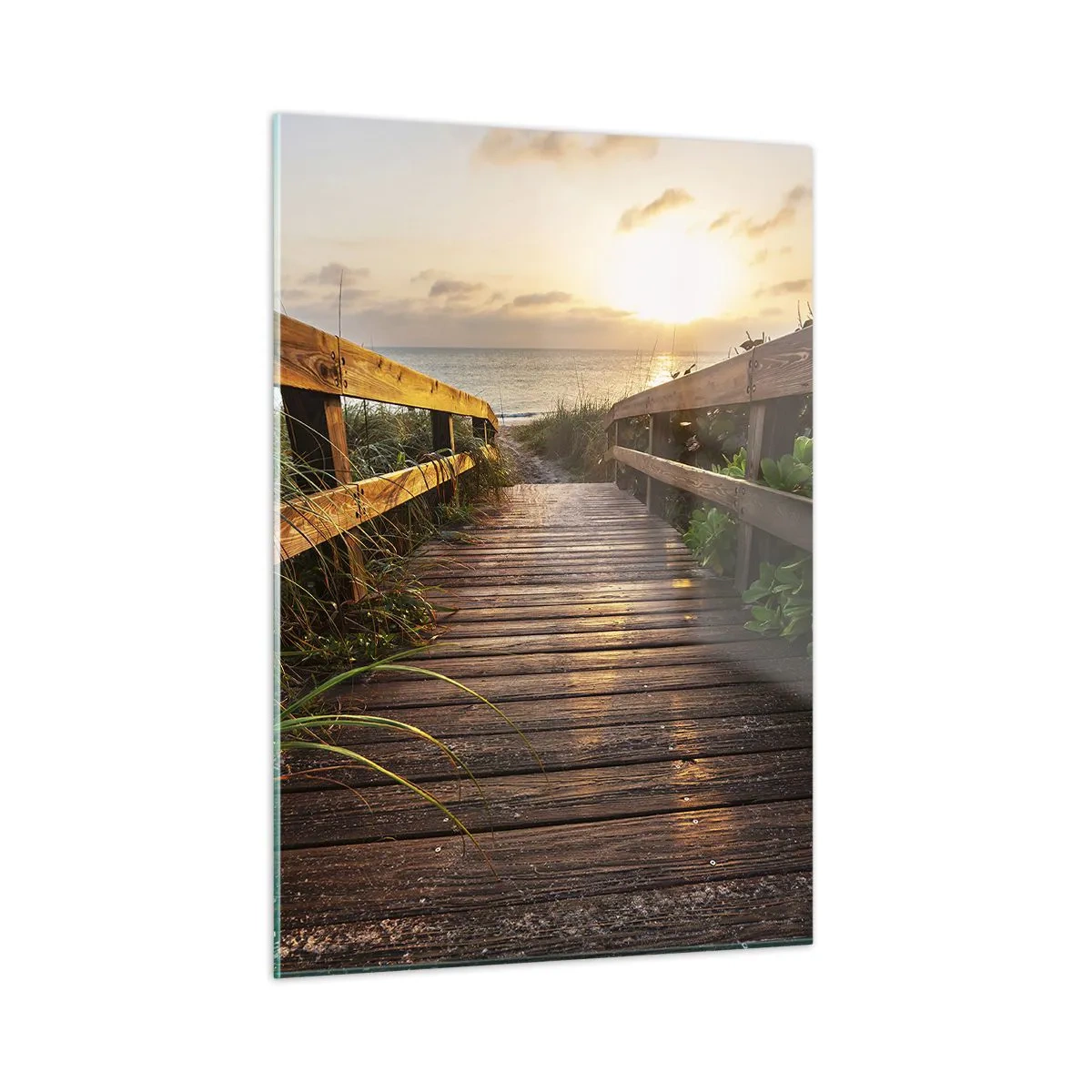 Impression sur verre - Image sur verre - Passerelle en bois menant à la plage au coucher du soleil - 50x70cm - Tout droit vers le rivage - Décoration murale moderne pour le salon et la chambre ARTTOR