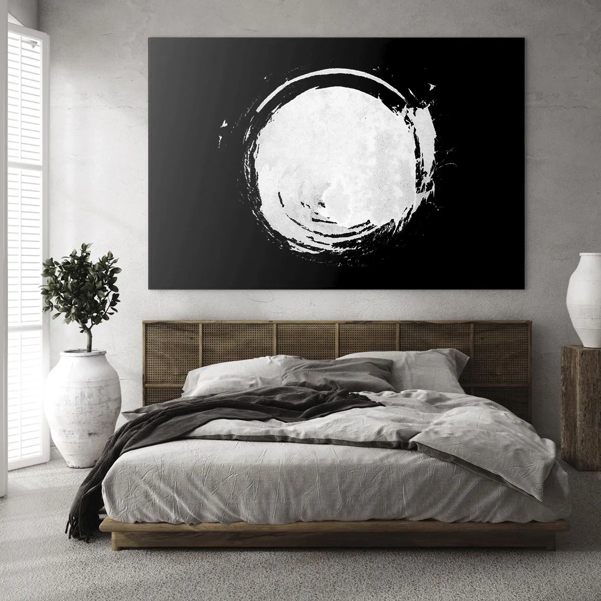 Impression sur verre - Image sur verre - Cercle abstrait blanc sur fond noir - 100x70cm - Belle sortie - Décoration murale moderne pour le salon et la chambre ARTTOR