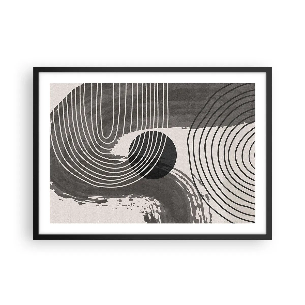 Affiche dans un cadre noir - Poster - Lignes géométriques et ovales dans des tons monochromes - 70x50cm - L'ovale gagne - Décoration murale moderne pour le salon et la chambre ARTTOR