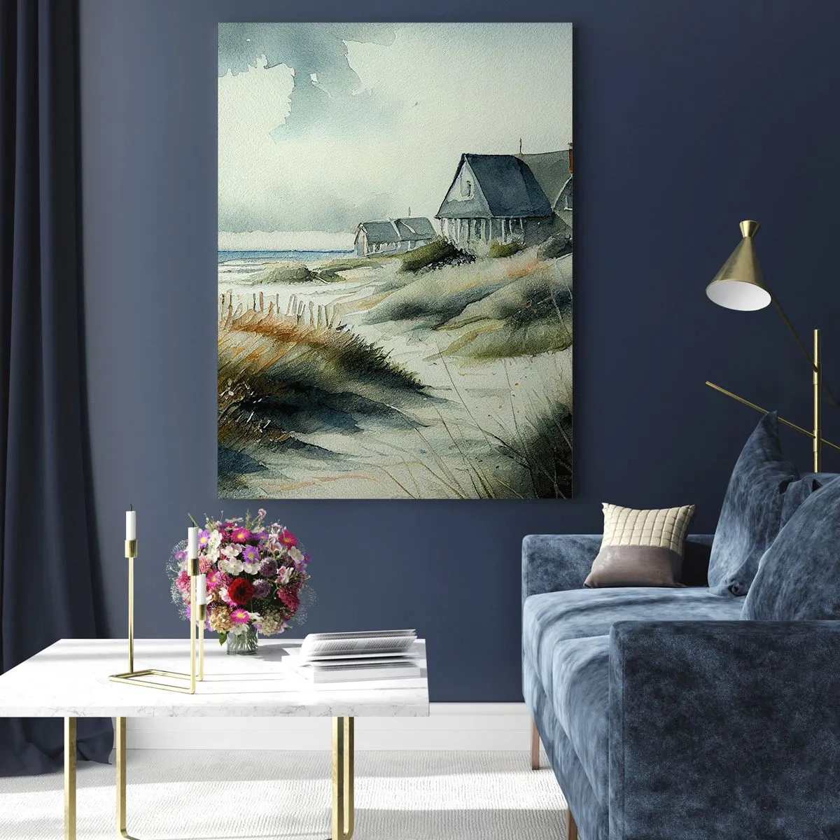 Impression sur verre - Image sur verre - Maisons de dunes en bord de mer sous un ciel nuageux - 50x70cm - Loin de l'agitation - Décoration murale moderne pour le salon et la chambre ARTTOR