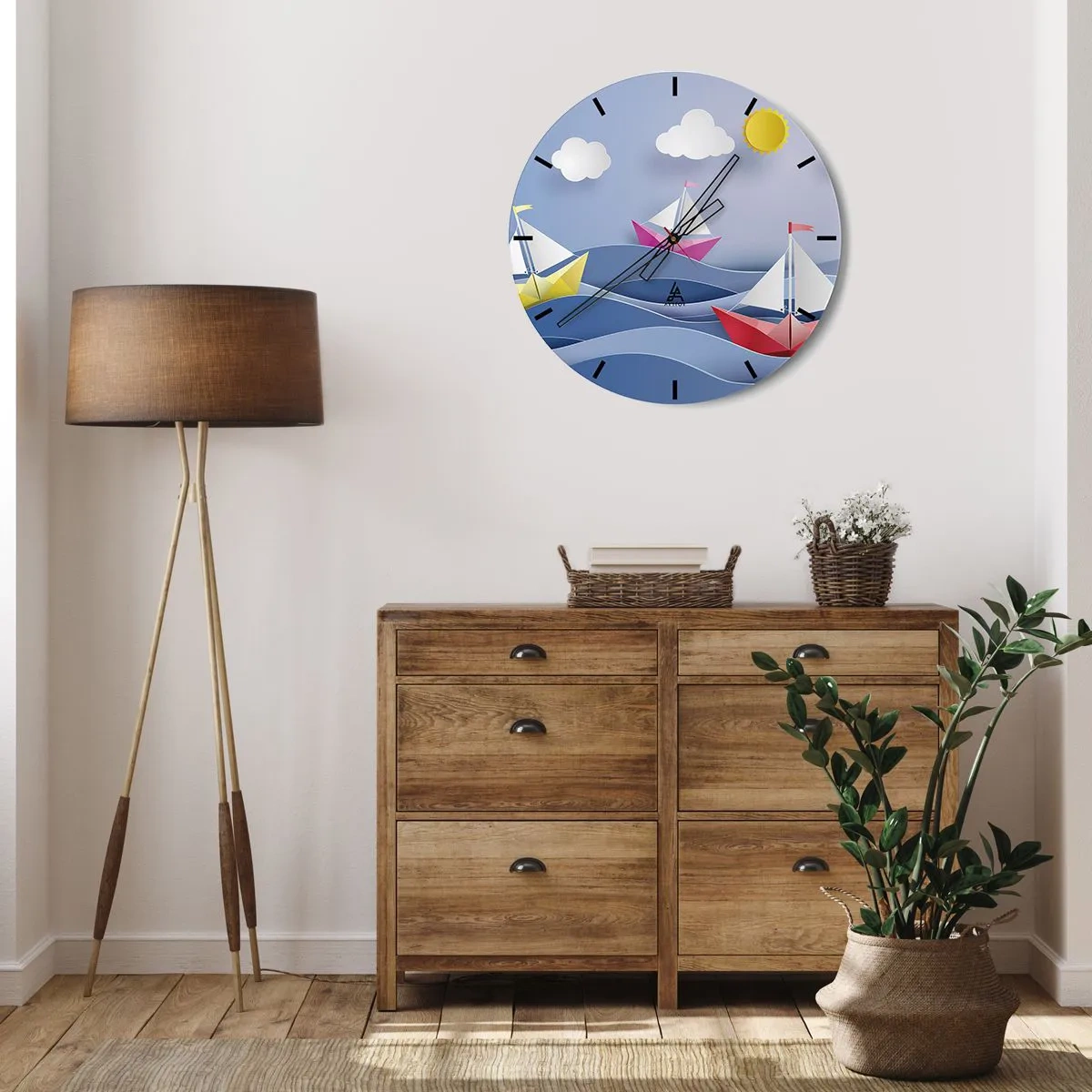 Horloge murale - Pendule murale - Bateaux en papier sur les vagues par une journée ensoleillée - 30x30cm - Ah qu'il est agréable de se balancer dans les vagues - Décoration murale moderne pour le salon, la cuisine et la chambre ARTTOR