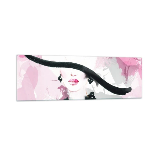 Impression sur verre - Image sur verre - Une femme élégante avec un chapeau sur un fond d'abstractions roses. - 160x50cm - Portrait d'une dame en noir et rose - Décoration murale moderne pour le salon et la chambre ARTTOR