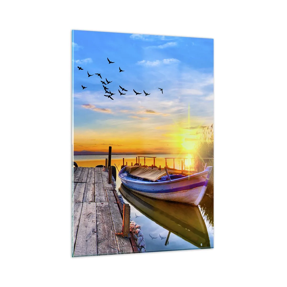 Impression sur verre - Image sur verre - Jetée en bois sur un lac avec un bateau au lever du soleil - 50x70cm - Au revoir, à demain - Décoration murale moderne pour le salon et la chambre ARTTOR