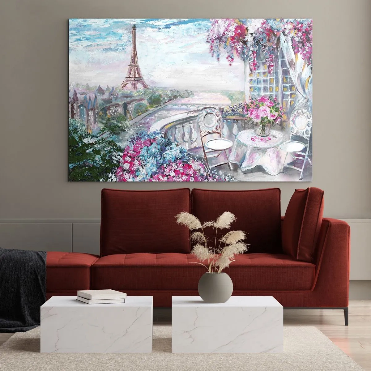 Impression sur verre - Image sur verre - Illustration d'une vue de la Tour Eiffel avec un balcon rempli de fleurs - 120x80cm - C'est le plus beau ici en mai - Décoration murale moderne pour le salon et la chambre ARTTOR