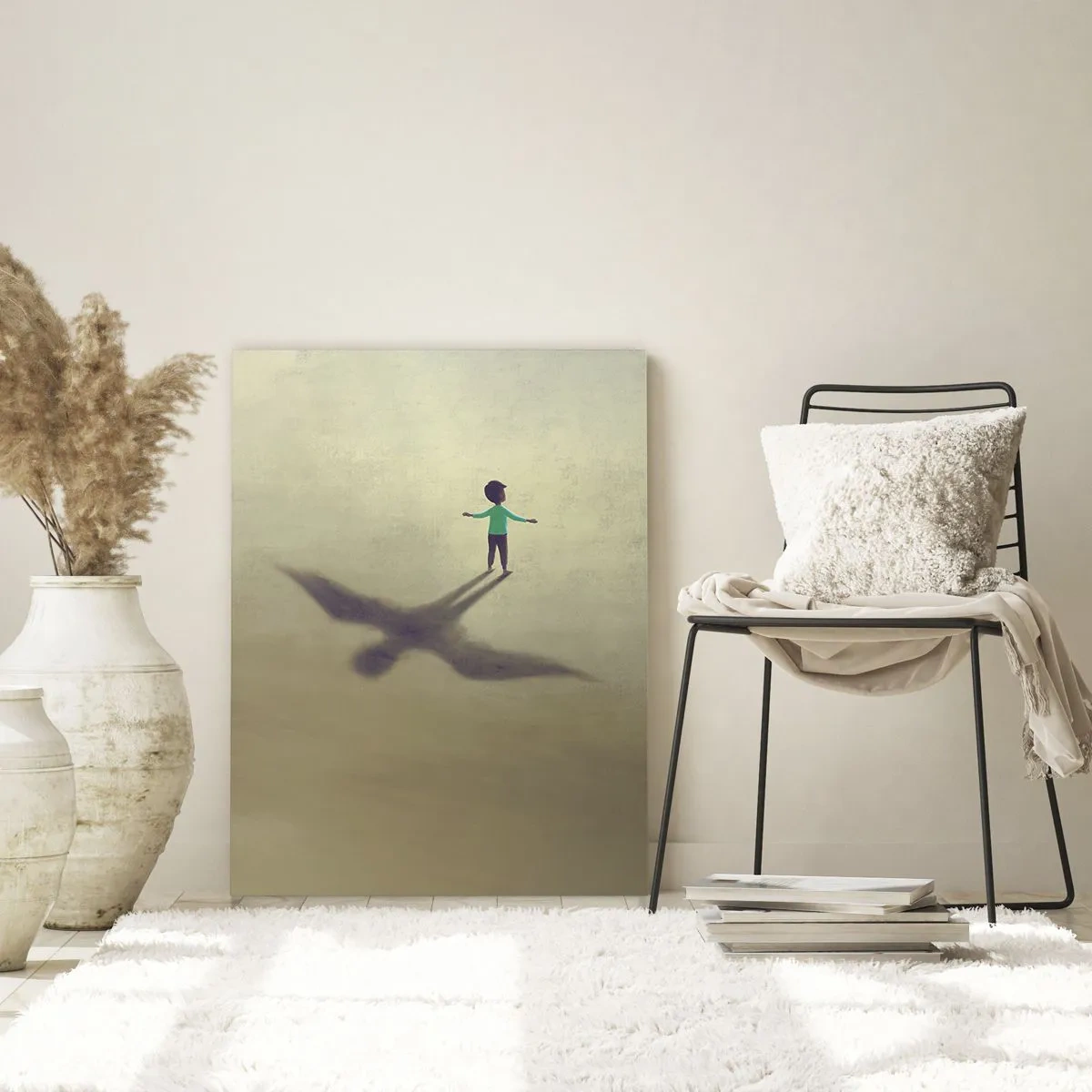 Impression sur verre - Image sur verre - Un garçon avec une ombre en forme d'oiseau sur un fond beige - 50x70cm - Héros du futur - Décoration murale moderne pour le salon et la chambre ARTTOR