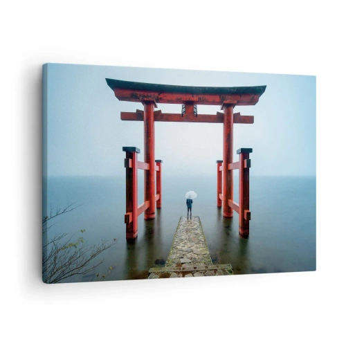 Impression sur toile - Image sur toile - Un portail torii surplombant un lac tranquille au Japon - 70x50cm - Rêverie japonnaise - Décoration murale moderne pour le salon et la chambre ARTTOR