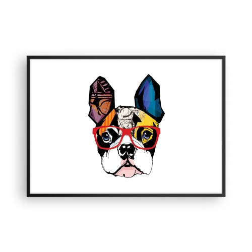 Affiche dans un cadre noir - Poster - Bouledogue dans une illustration colorée avec des lunettes rouges - 100x70cm - Intellectuel - Décoration murale moderne pour le salon et la chambre ARTTOR
