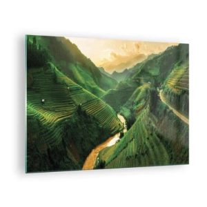 Impression sur verre - Image sur verre - Rizières pittoresques dans la vallée au coucher du soleil - 70x50cm - Vallée vietnamienne - Décoration murale moderne pour le salon et la chambre ARTTOR