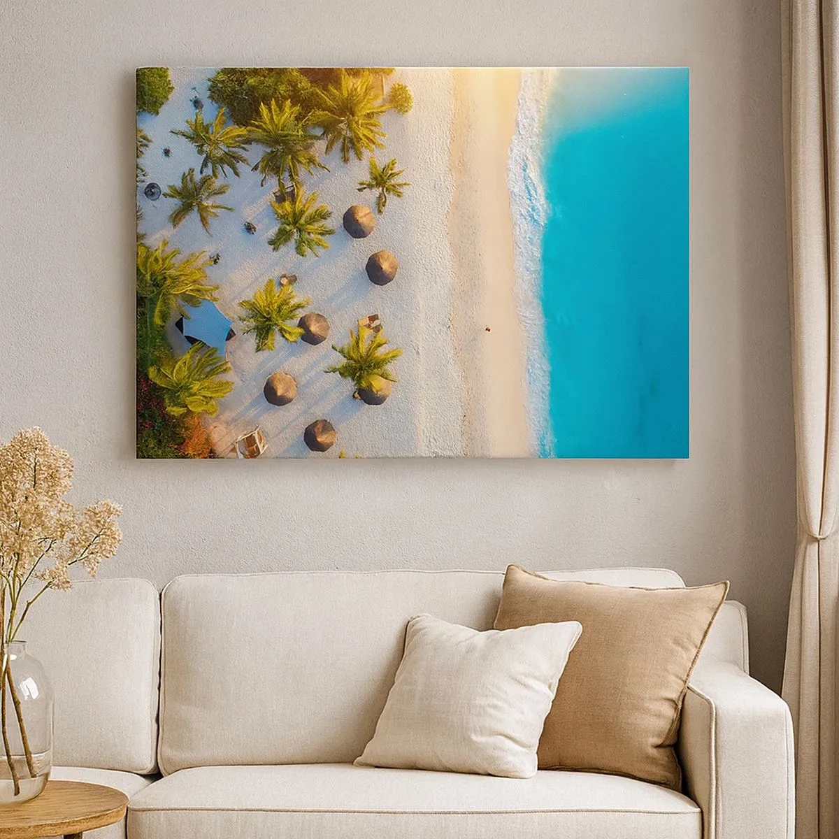 Impression sur toile - Image sur toile - Vue d'une plage tropicale avec des palmiers et une mer turquoise - 70x50cm - Bienvenue au paradis - Décoration murale moderne pour le salon et la chambre ARTTOR