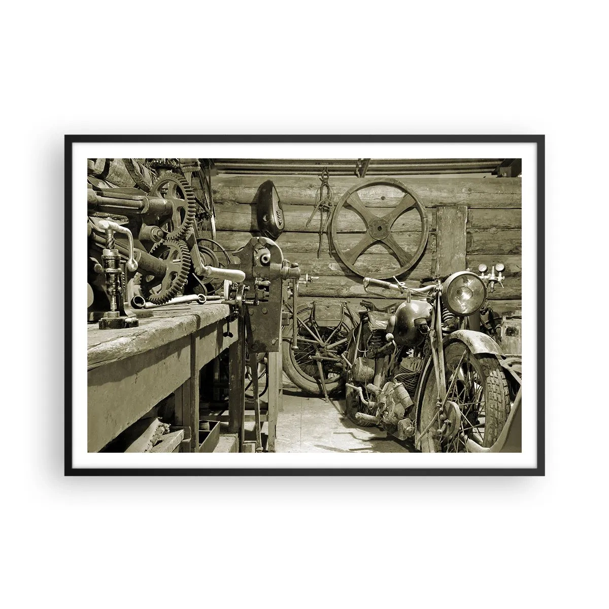 Affiche dans un cadre noir - Poster - Atelier rétro avec motos et outils - 100x70cm - Dans le hangar de l'oncle Władek - Décoration murale moderne pour le salon et la chambre ARTTOR