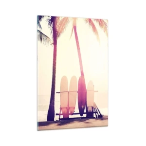 Impression sur verre - Image sur verre - Palmiers et planches de surf sur la plage au soleil - 80x120cm - Ca va être une journée magnifique - Décoration murale moderne pour le salon et la chambre ARTTOR