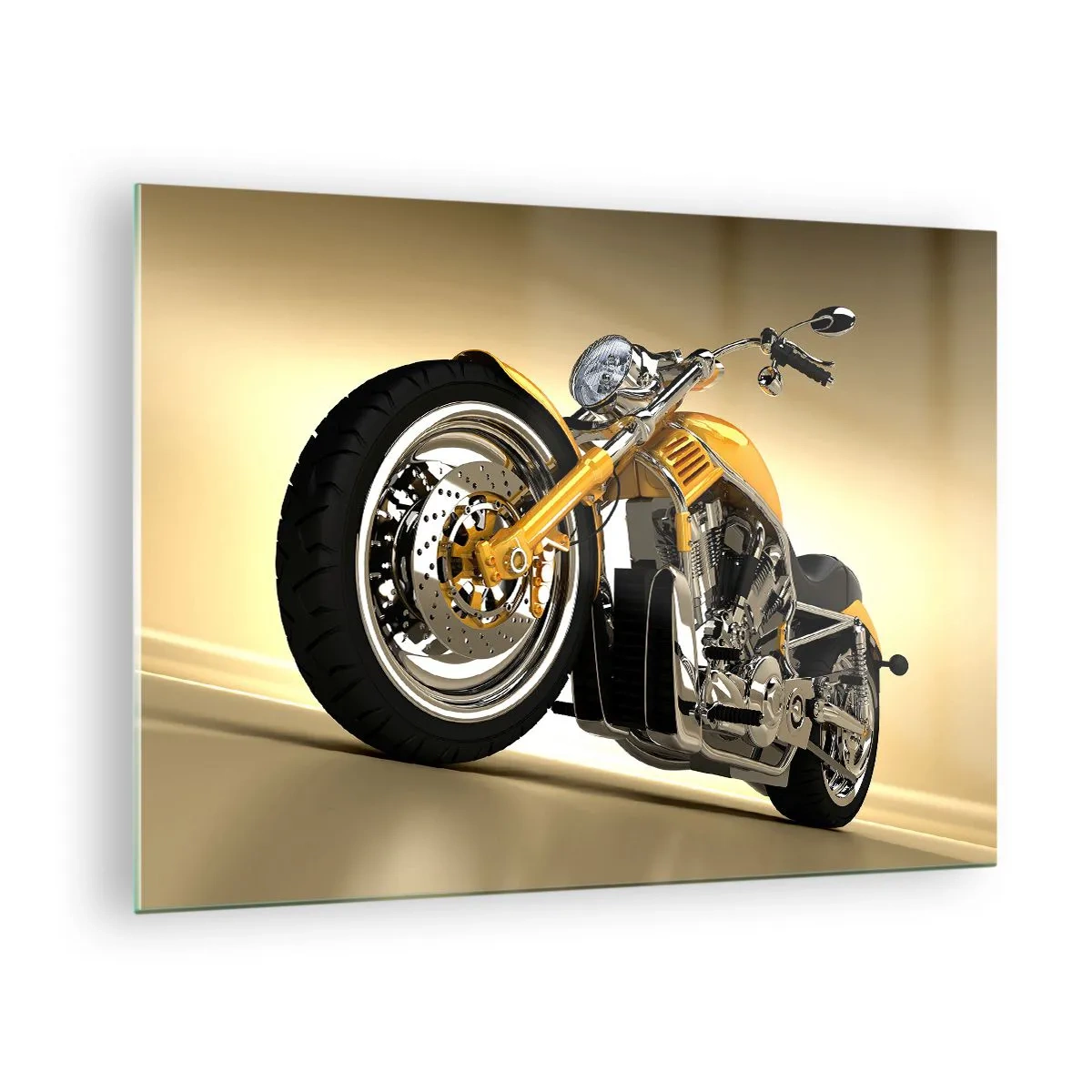 Impression sur verre - Image sur verre - Une moto customisée dorée sur fond clair - 70x50cm - Un rêve de force et de vitesse - Décoration murale moderne pour le salon et la chambre ARTTOR