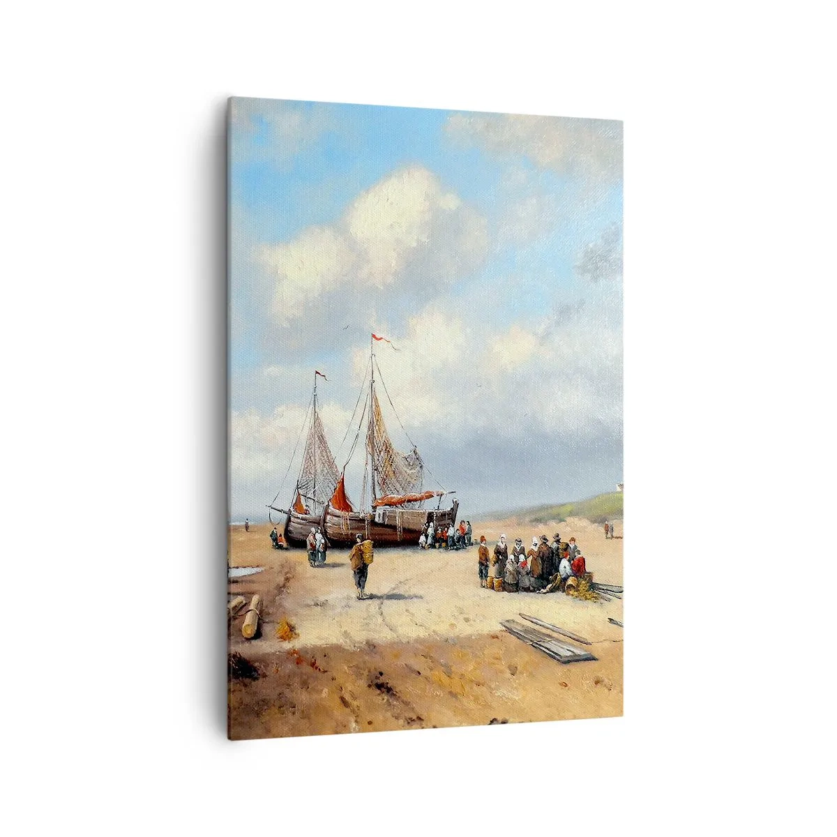 Impression sur toile - Image sur toile - Bateaux de pêche sur la plage avec des figures humaines - 70x100cm - Après une capture réussie - Décoration murale moderne pour le salon et la chambre ARTTOR