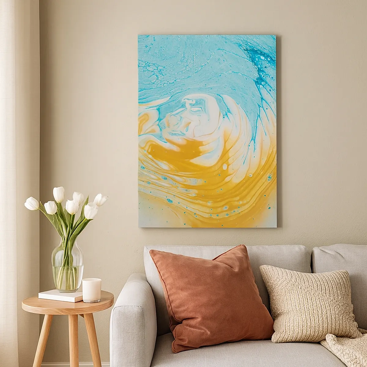 Impression sur toile - Image sur toile - Vagues abstraites dans des tons de bleu et d'or sur toile - 50x70cm - Tourbillon pastel - Décoration murale moderne pour le salon et la chambre ARTTOR