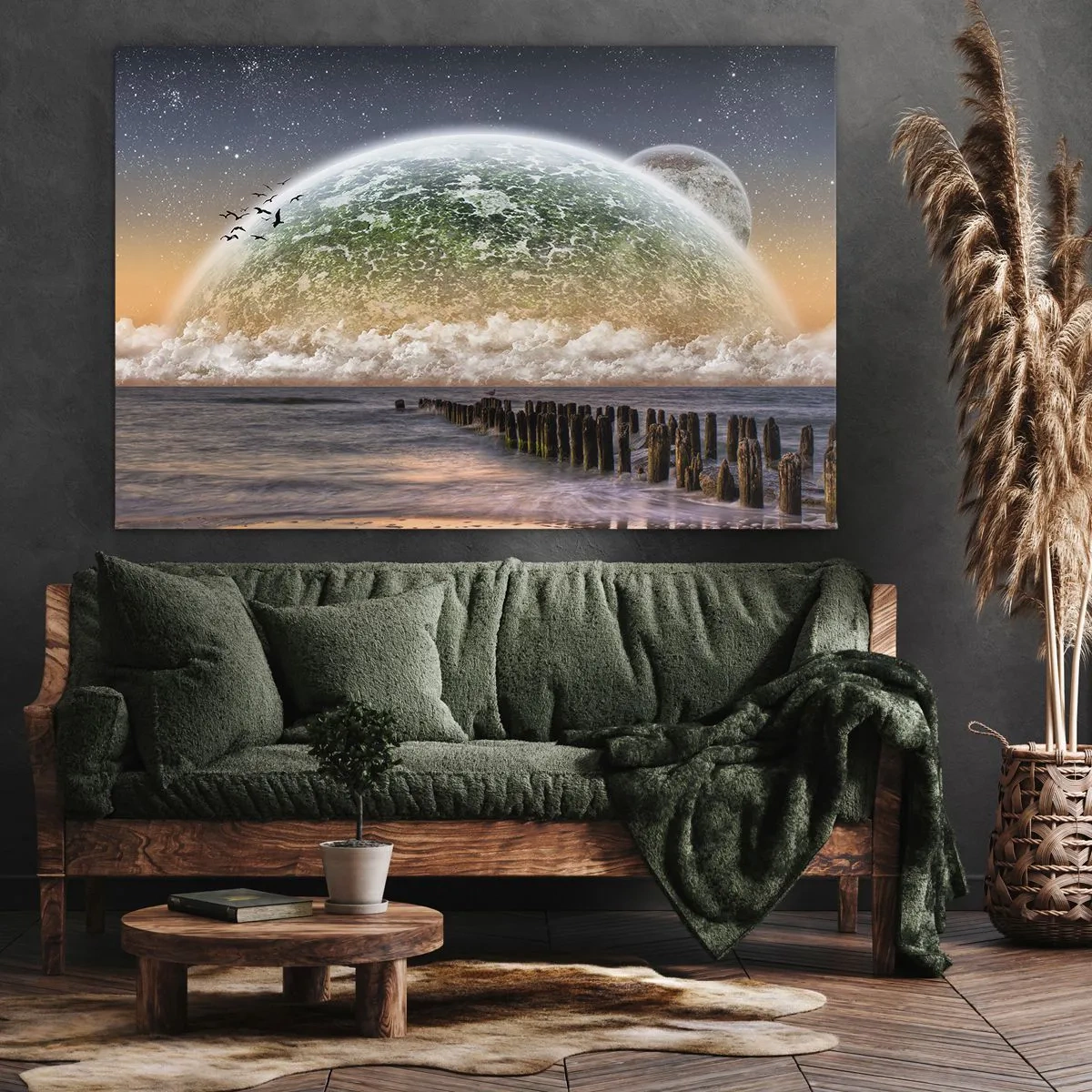 Impression sur toile - Image sur toile - Un paysage fantastique avec une grande planète au-dessus de la mer et une jetée en bois. - 120x80cm - Et le monde est sorti de l'eau - Décoration murale moderne pour le salon et la chambre ARTTOR