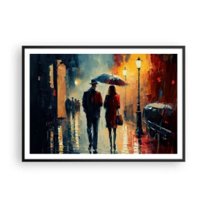 Affiche dans un cadre noir - Poster - Marcher sous la pluie sous un parapluie en ville la nuit - 100x70cm - Histoire d'amour urbaine - Décoration murale moderne pour le salon et la chambre ARTTOR