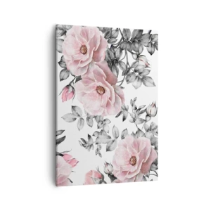 Impression sur toile - Image sur toile - Roses roses et feuilles sur un délicat fond noir et blanc - 50x70cm - Se perdre dans les fleurs des roses - Décoration murale moderne pour le salon et la chambre ARTTOR